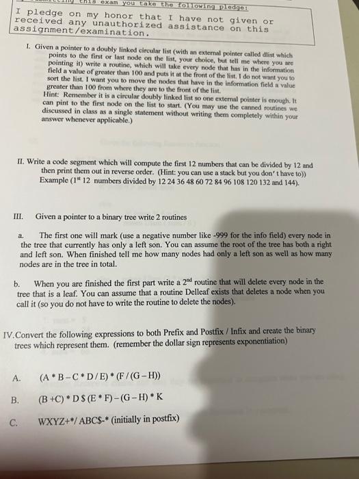 Solved exam you take the following pledges I pledge on my | Chegg.com