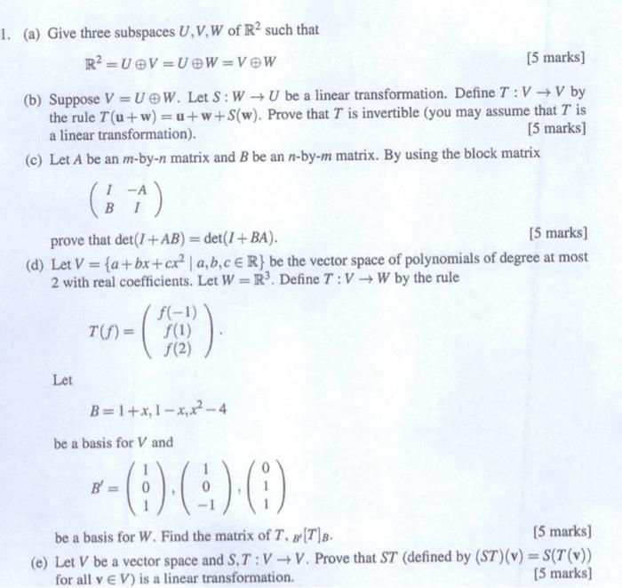 Solved 1 A Give Three Subspaces U V W Of R2 Such Tha Chegg Com