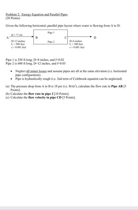Solved Problem 2: Energy Equation and Parallel Pipes (20 | Chegg.com