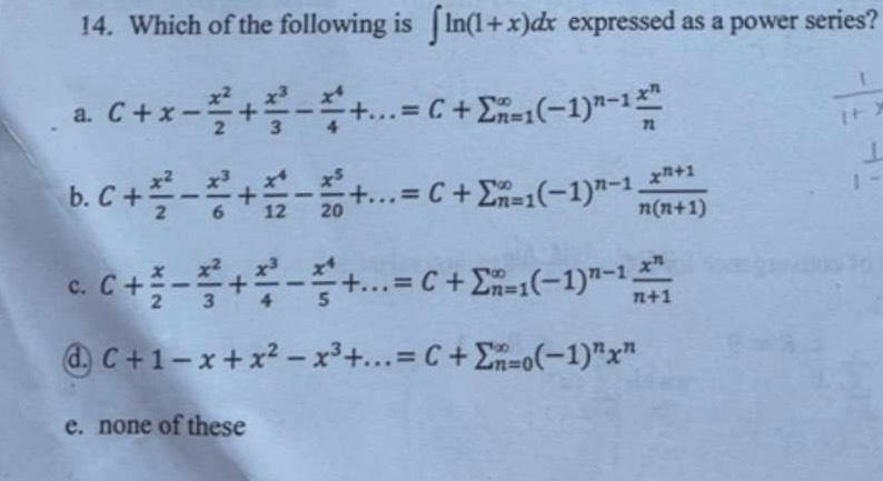 Solved Which Of The Following Is ∫﻿﻿ln 1 X Dx ﻿expressed As