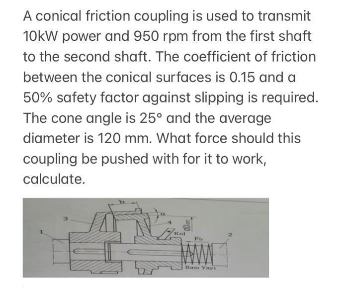 Solved A conical friction coupling is used to transmit 10kW | Chegg.com