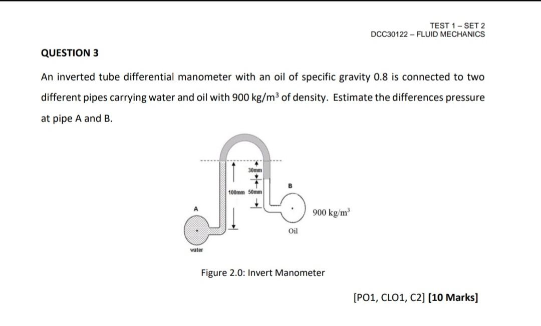 Solved TEST 1 - SET 2 DCC30122 - FLUID MECHANICS QUESTION 3 | Chegg.com