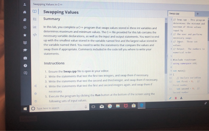 Solved Swapping Values in C++ Swapping Values Summary | Chegg.com