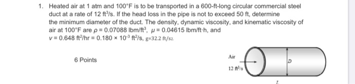 Solved 1. Heated Air At 1 Atm And 100°F Is To Be Transported | Chegg.com