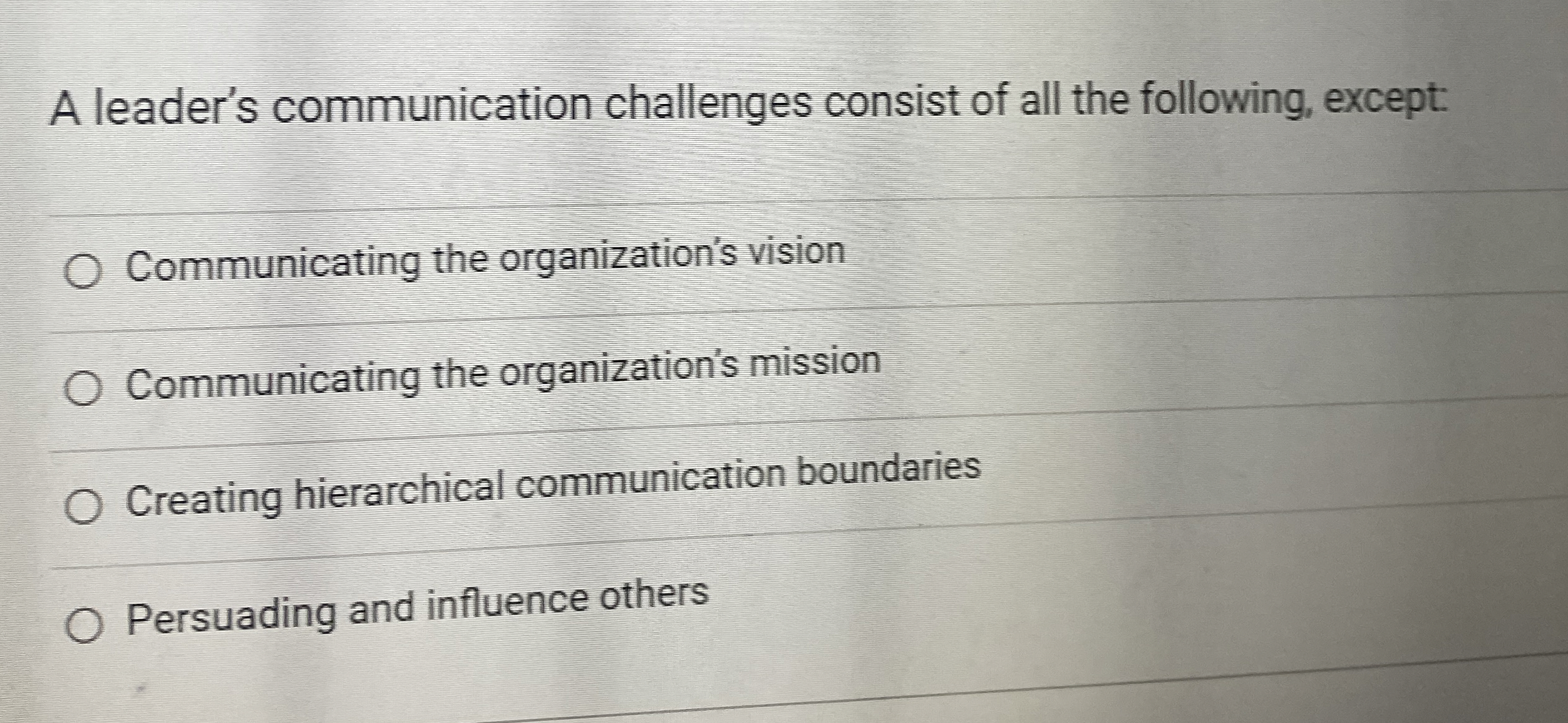 Solved A leader's communication challenges consist of all | Chegg.com