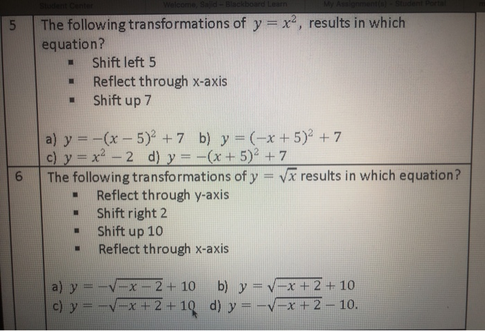 Solved The Following Transformations Of Y X2 Results In Chegg Com