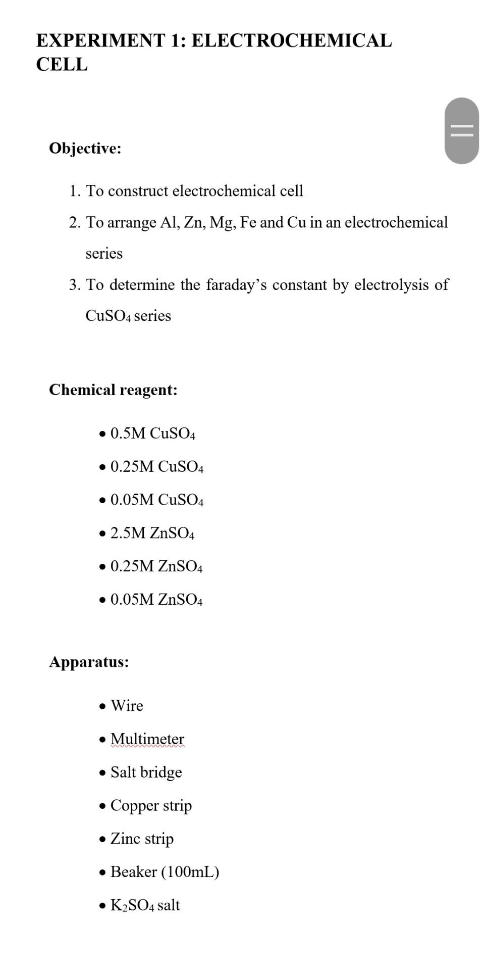 electrochemical cell experiments