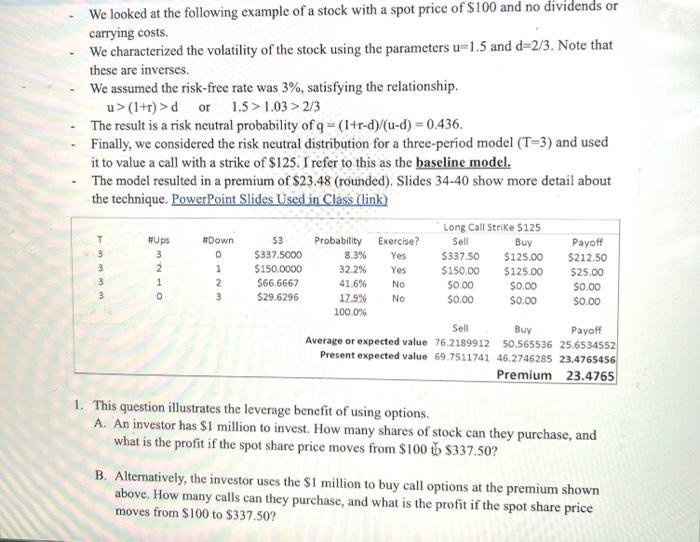 Solved - We looked at the following example of a stock with | Chegg.com