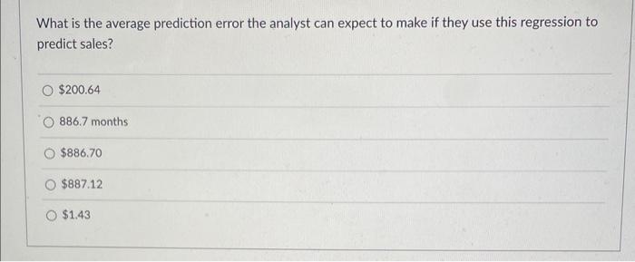 What is the average prediction error the analyst can expect to make if they use this regression to predict sales?
\( \$ 200.6