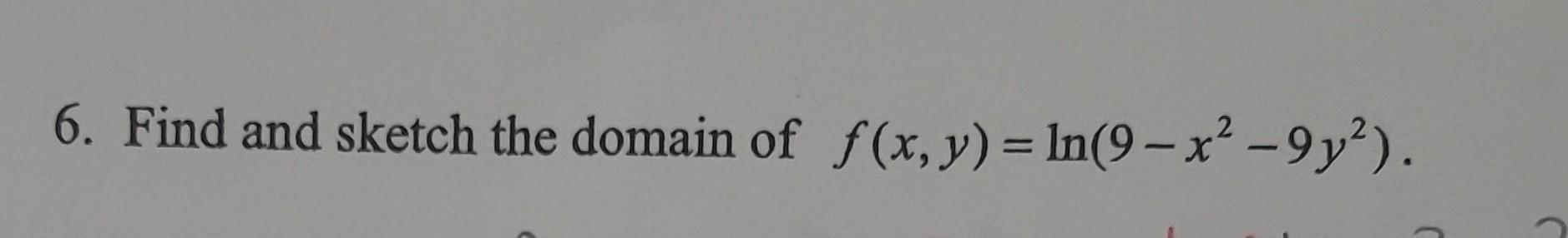 Solved 6. Find and sketch the domain of f(x,y)=ln(9−x2−9y2). | Chegg.com