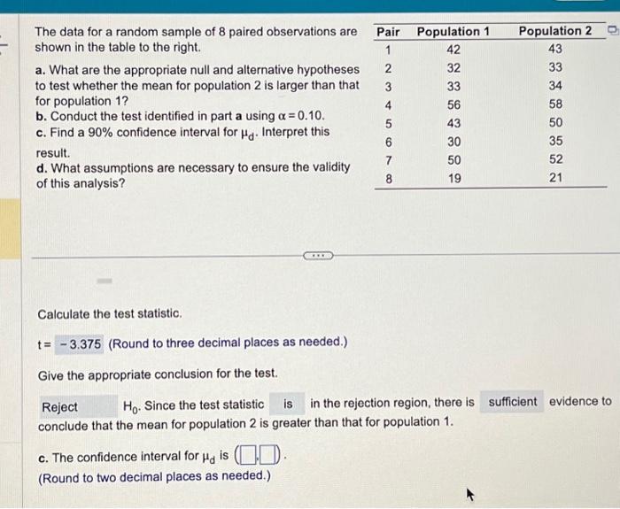 Solved The data for a random sample of 8 paired observations | Chegg.com