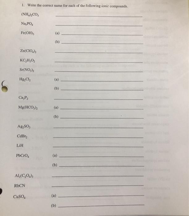 Solved 1. Write the correct name for each of the following | Chegg.com