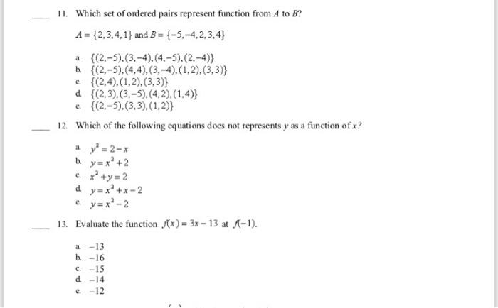 Solved 11 Which Set Of Ordered Pairs Represent Function Chegg Com