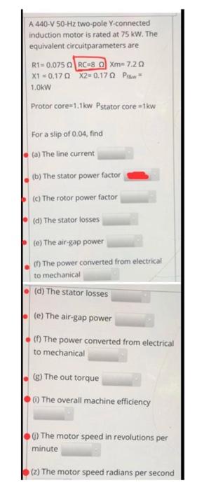 Solved A 440-V 50 Hz two-pole Y-connected induction motor is | Chegg.com