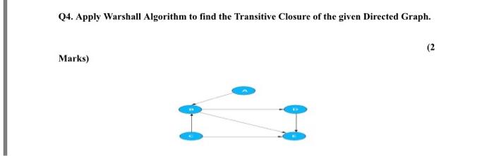 Solved Q4. Apply Warshall Algorithm To Find The Transitive | Chegg.com