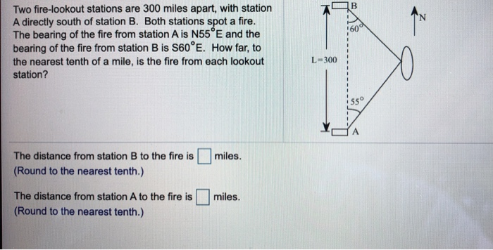 Solved Two Fire-lookout Stations Are 300 Miles Apart, With | Chegg.com