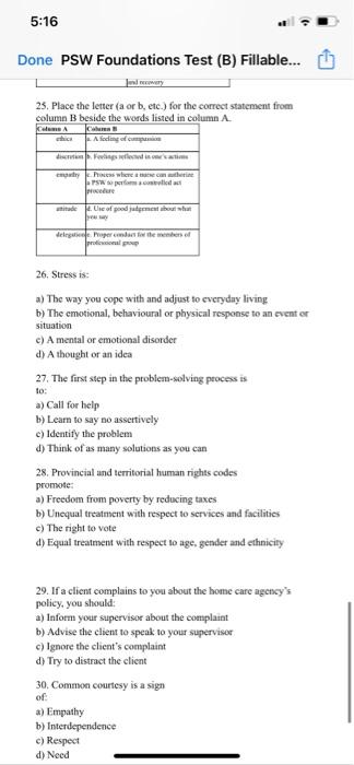 Solved 5:16 Done PSW Foundations Test (B) Fillable... ☺ CA | Chegg.com