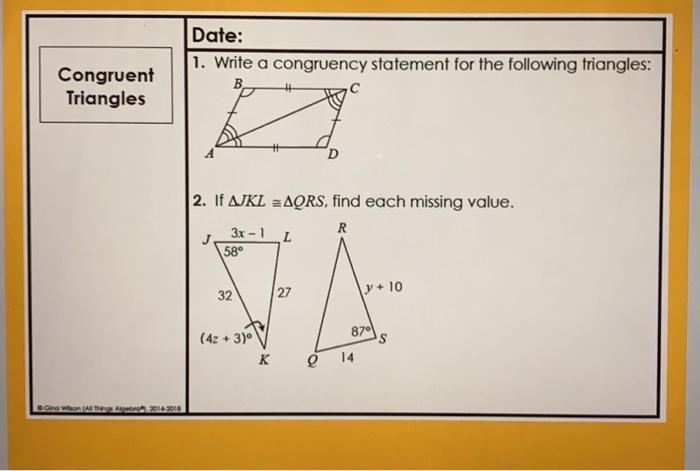 Solved Date: 1. Write A Congruency Statement For The 