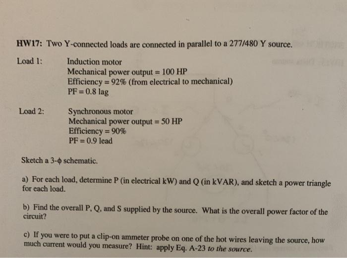 Solved HW17: Two Y-connected loads are connected in parallel | Chegg.com