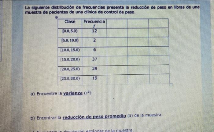 La siguiente distribución de frecuencias presenta la reducción de peso en libras de una muestra de pacientes de una clínica d