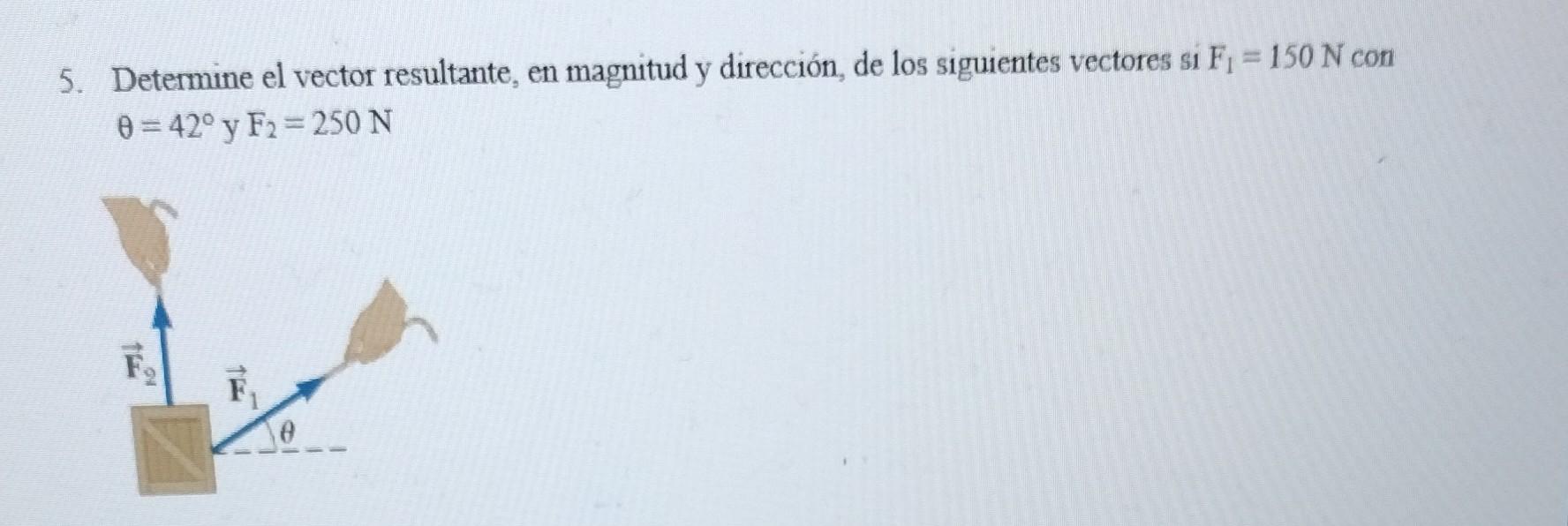 5. Determine el vector resultante, en magnitud y dirección, de los siguientes vectores si \( F_{1}=150 \mathrm{~N} \) con \(