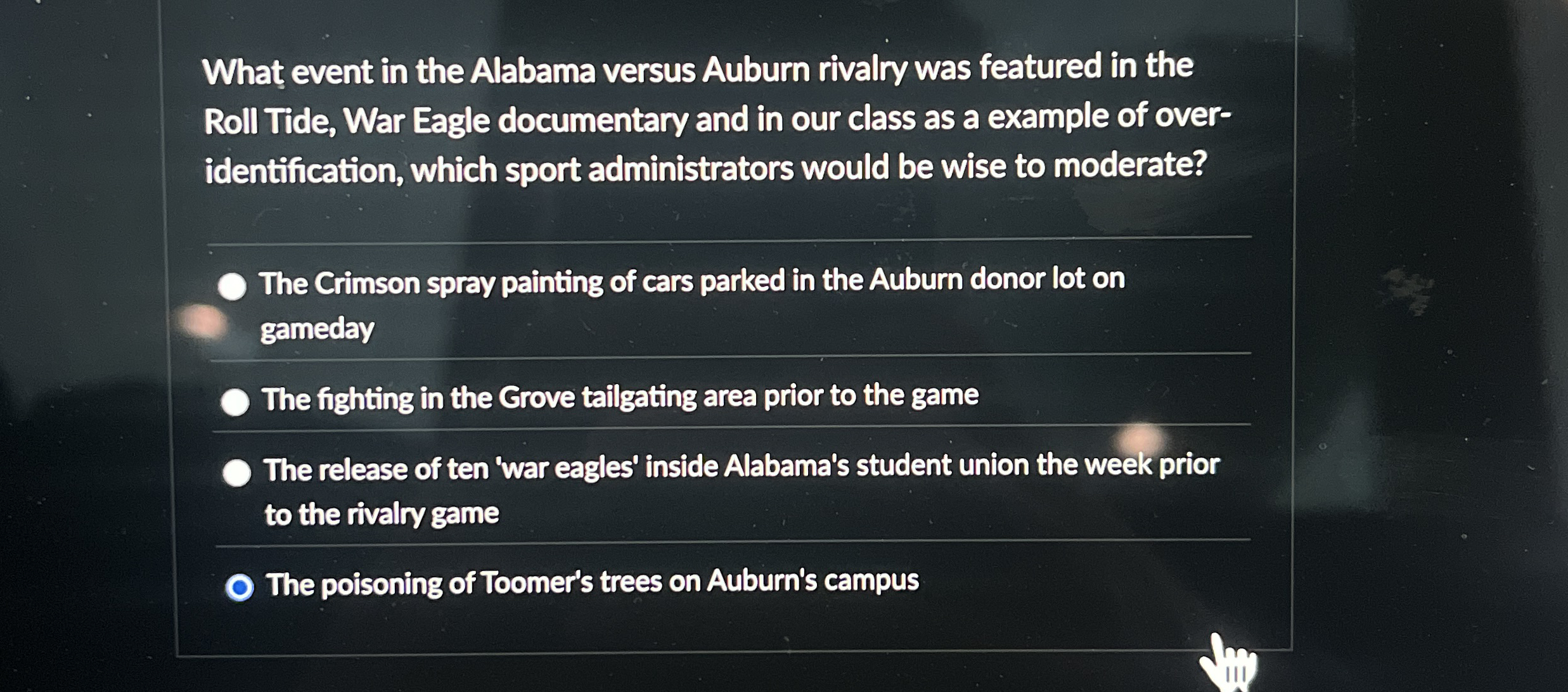 Solved What event in the Alabama versus Auburn rivalry was | Chegg.com
