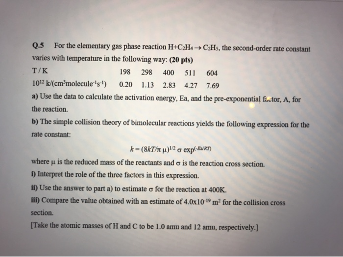 Solved Q.5 For the elementary gas phase reaction H C2H4 Chegg