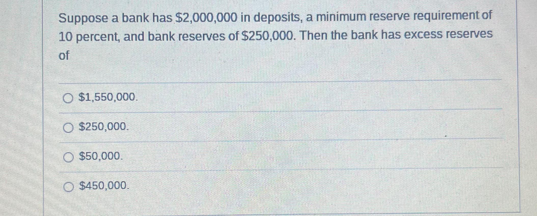 Solved Suppose A Bank Has $2,000,000 ﻿in Deposits, A Minimum | Chegg.com