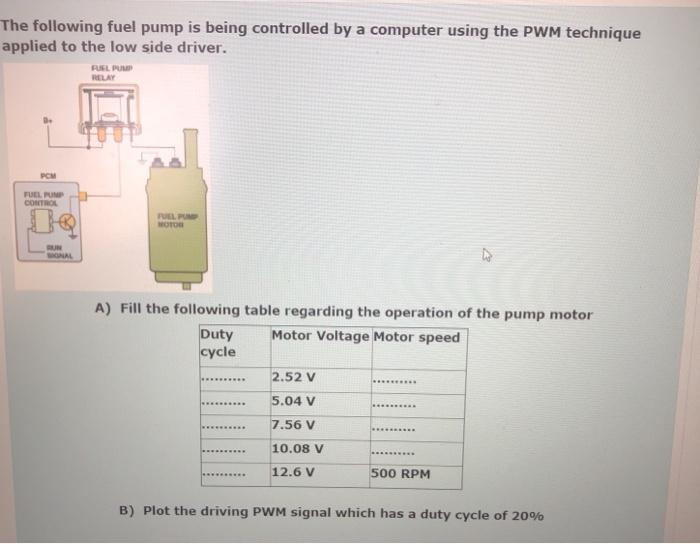 Solved The following fuel pump is being controlled by a | Chegg.com