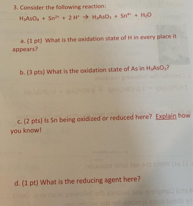 Solved 3. Consider the following reaction H3AsO4 + Sn2+ + 2