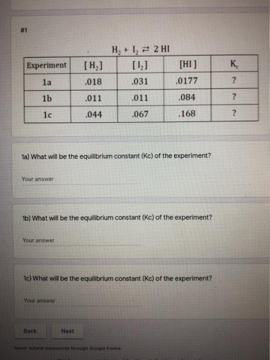 Solved #1 H, + 1, 2 2 HI Experiment [H] [HI] К. la .018 .031 | Chegg.com