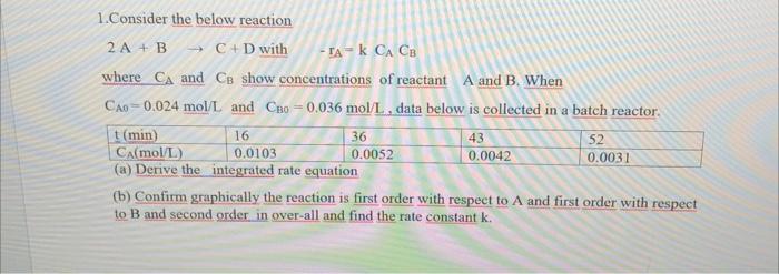 Solved 1. Consider The Below Reaction 2 A+B→C+D With | Chegg.com