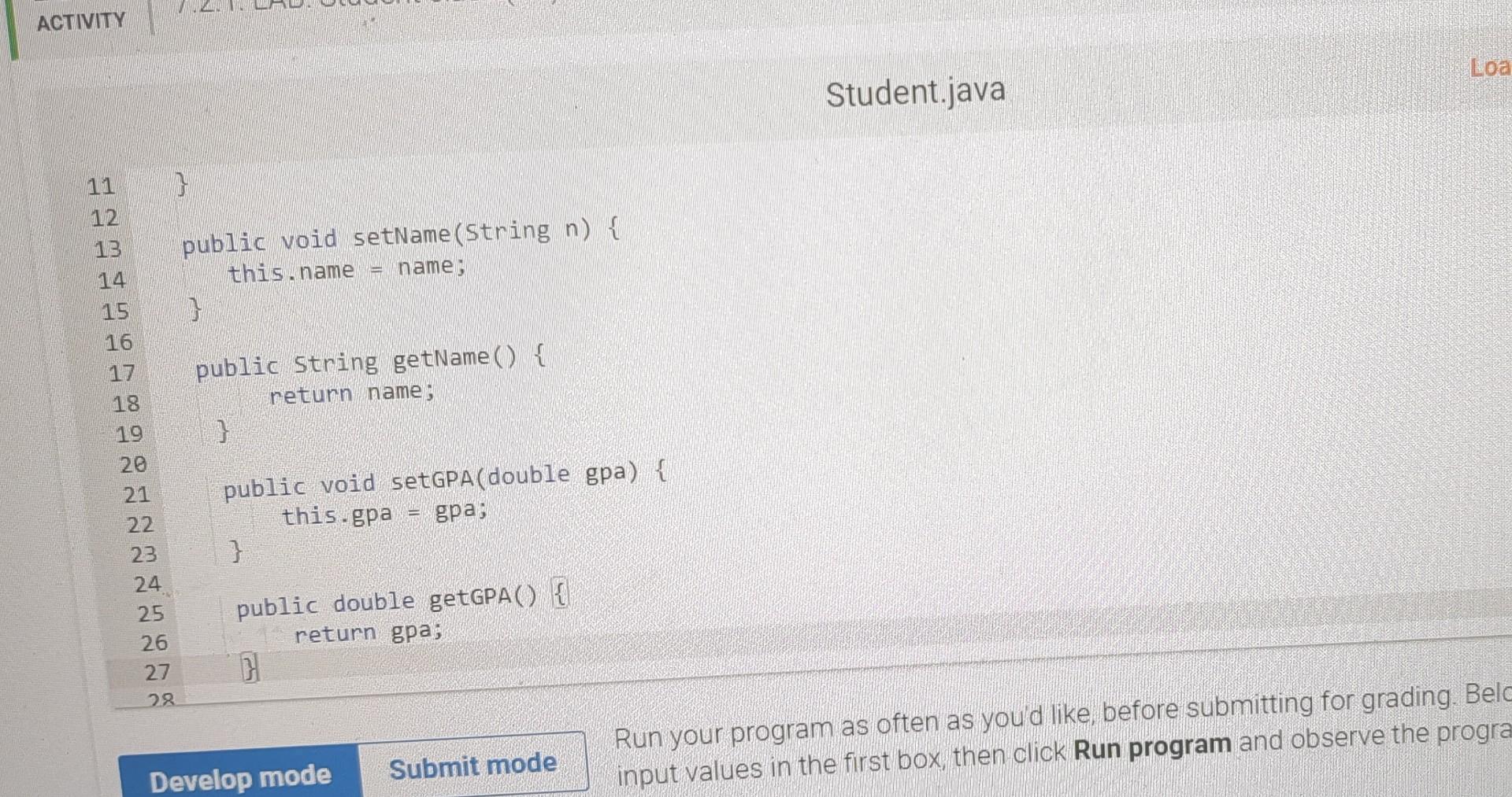Solved Student.java Load defaultStudent.java Run your | Chegg.com