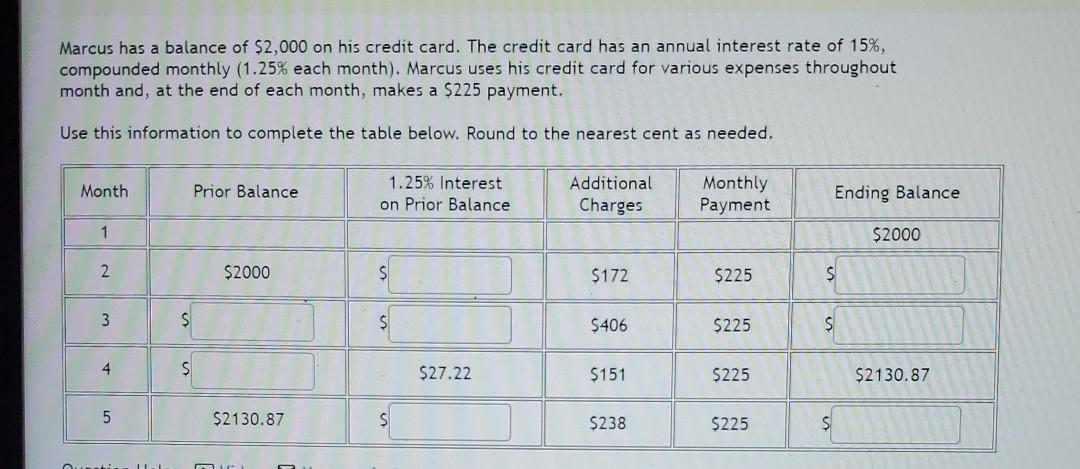 Solved Marcus has a balance of $2,000 on his credit card. | Chegg.com