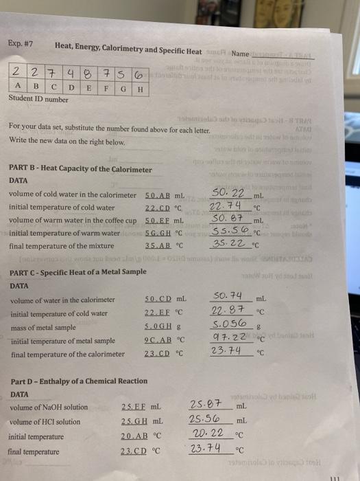 Solved Exp. 7 Heat, Energy, Calorimetry and Specific Heat