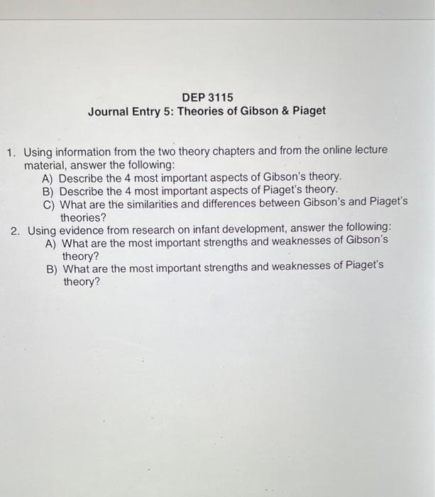 Solved DEP 3115 Journal Entry 5 Theories of Gibson Piaget