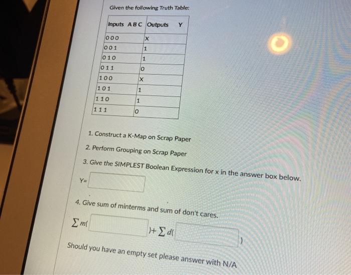 Solved Given the following Truth Table: Inputs ABC Outputs Y | Chegg.com