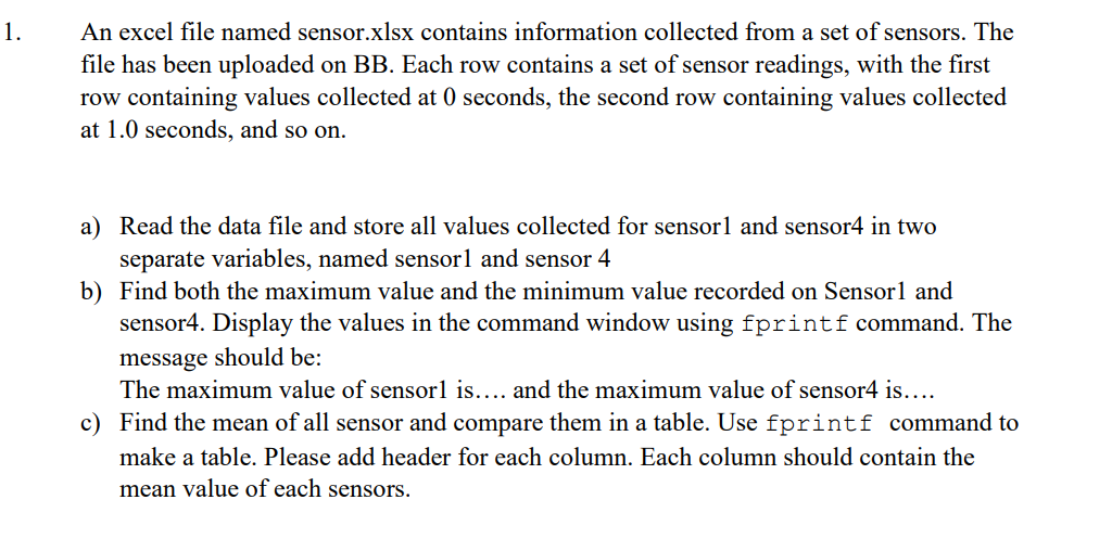 An excel file named sensor.xlsx contains information | Chegg.com