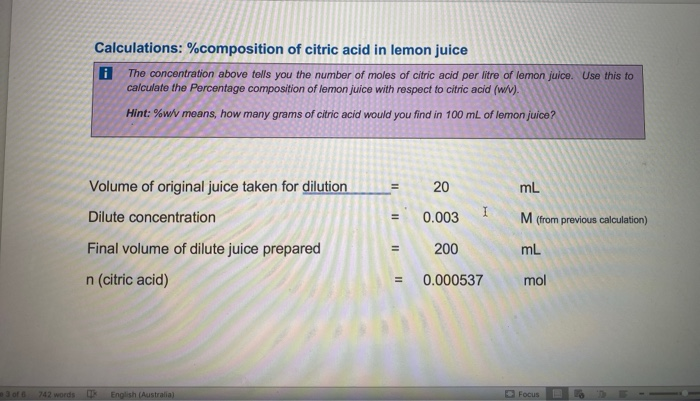 Solved Calculations: %composition Of Citric Acid In Lemon | Chegg.com