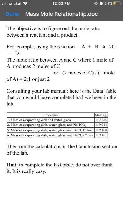 calculate the experimental mole ratio of nacl to nahco3