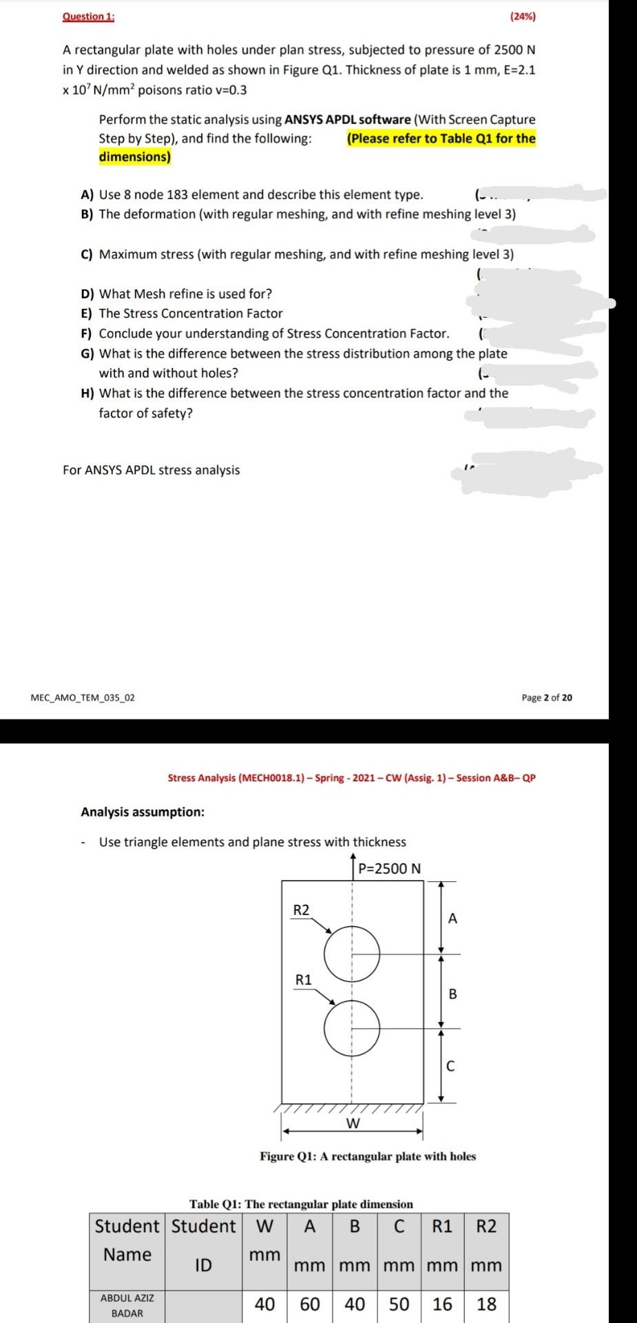 Solved Question 1: (24%) A rectangular plate with holes | Chegg.com