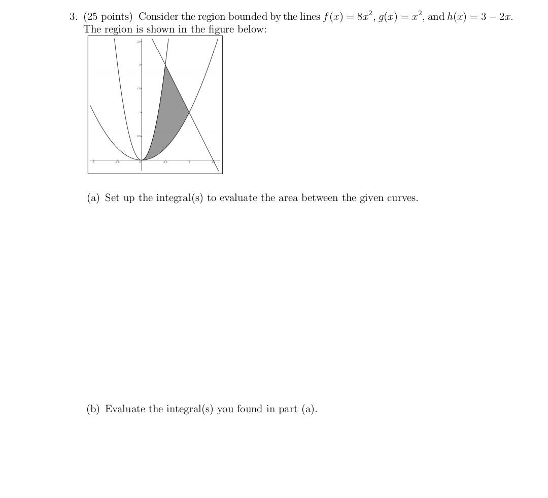 3. (25 points) Consider the region bounded by the lines f(x) = 8x², g(x) = x², and h(x) = 3 - 2x.
The region is shown in the 