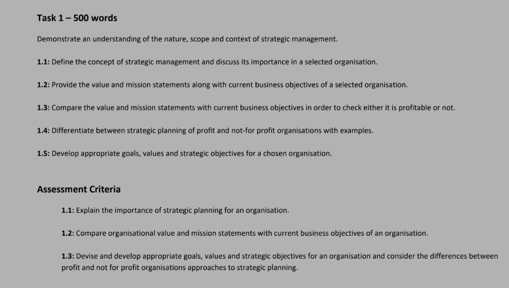 Task ( 1-500 ) words
Demonstrate an understanding of the nature, scope and context of strategic management.
1.1: Define the