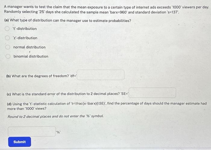 Solved A manager wants to test the claim that the mean | Chegg.com