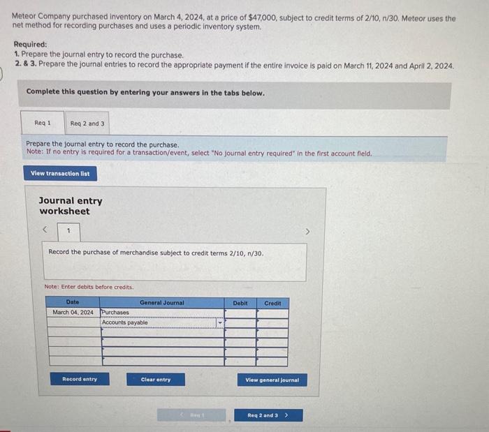Solved Meteor Company purchased inventory on March 4, 2024 