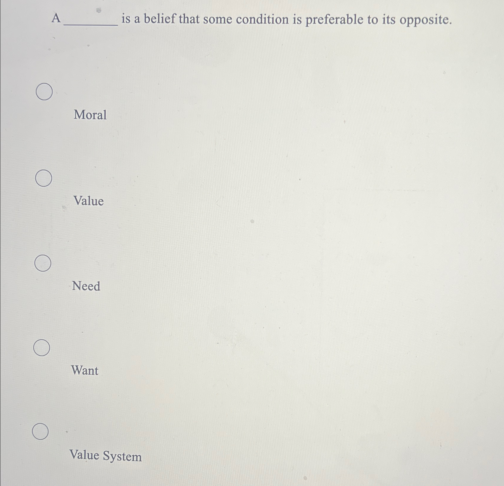 Solved A is a belief that some condition is preferable to | Chegg.com
