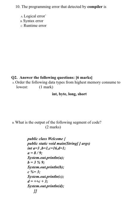Solved 10. The programming error that detected by compiler | Chegg.com