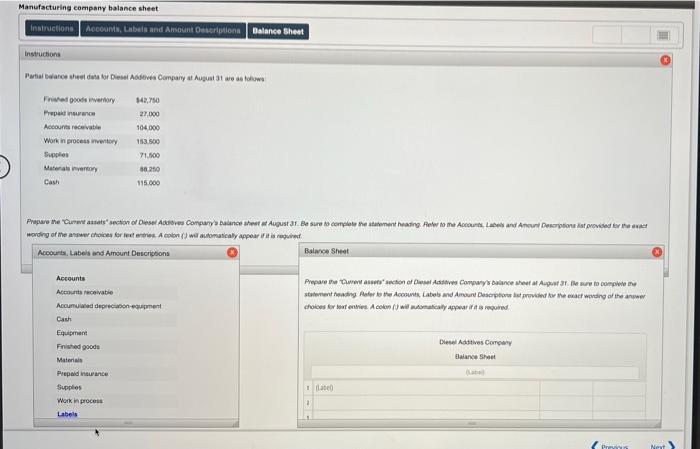 Solved Manufacturing company balance sheet Instructions | Chegg.com