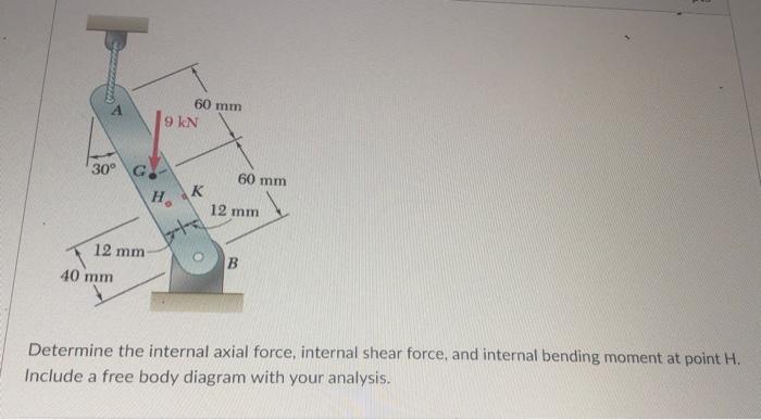 Determine the internal axial force, internal shear force, and internal bending moment at point \( \mathrm{H} \). Include a fr