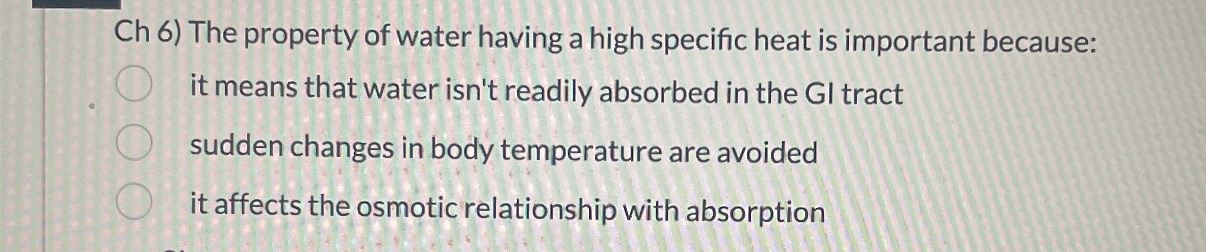 Solved Ch 6) ﻿The property of water having a high specific